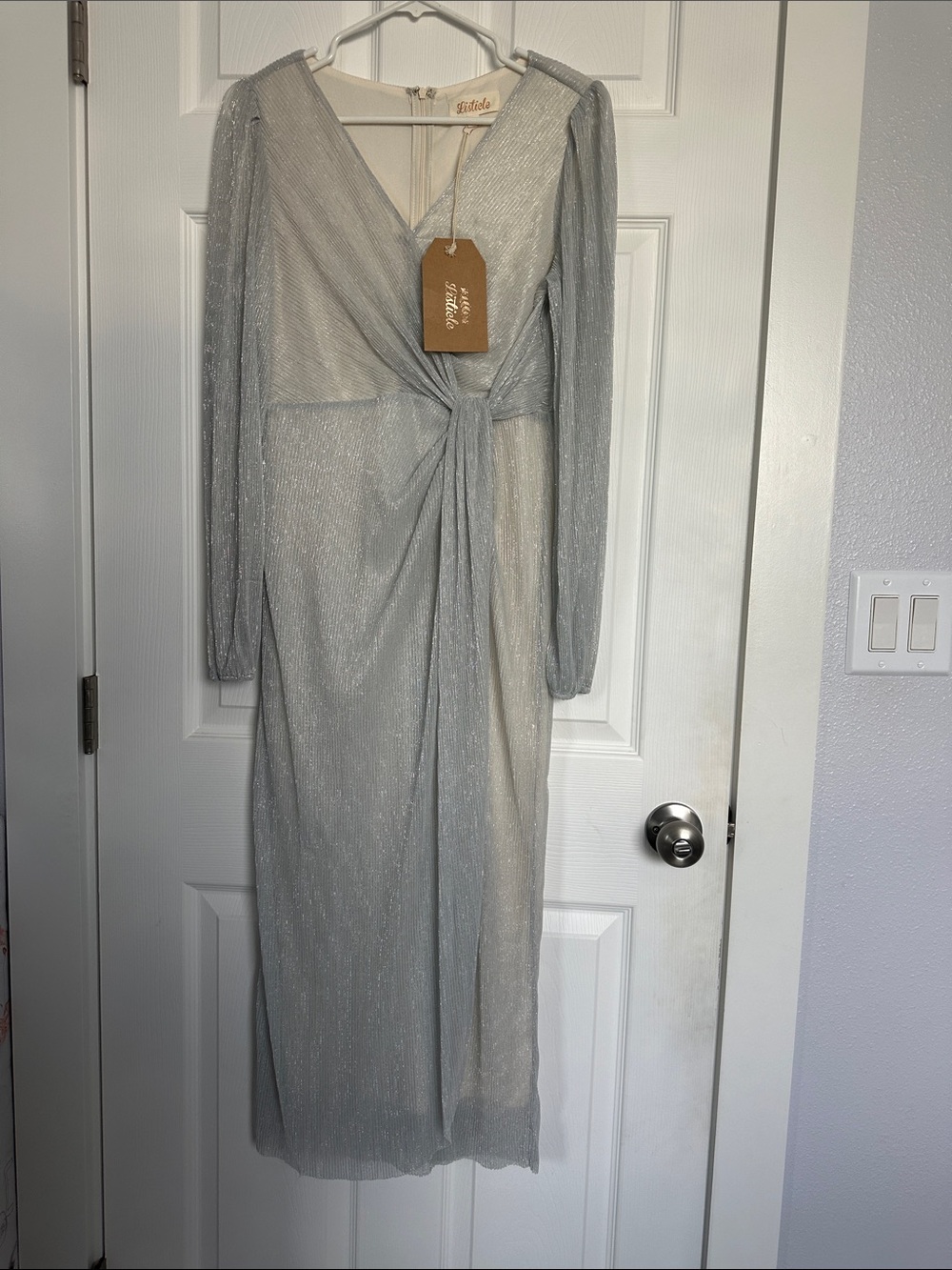 Listicle Silver Shimmer Twist-Front Long Sleeve Gown